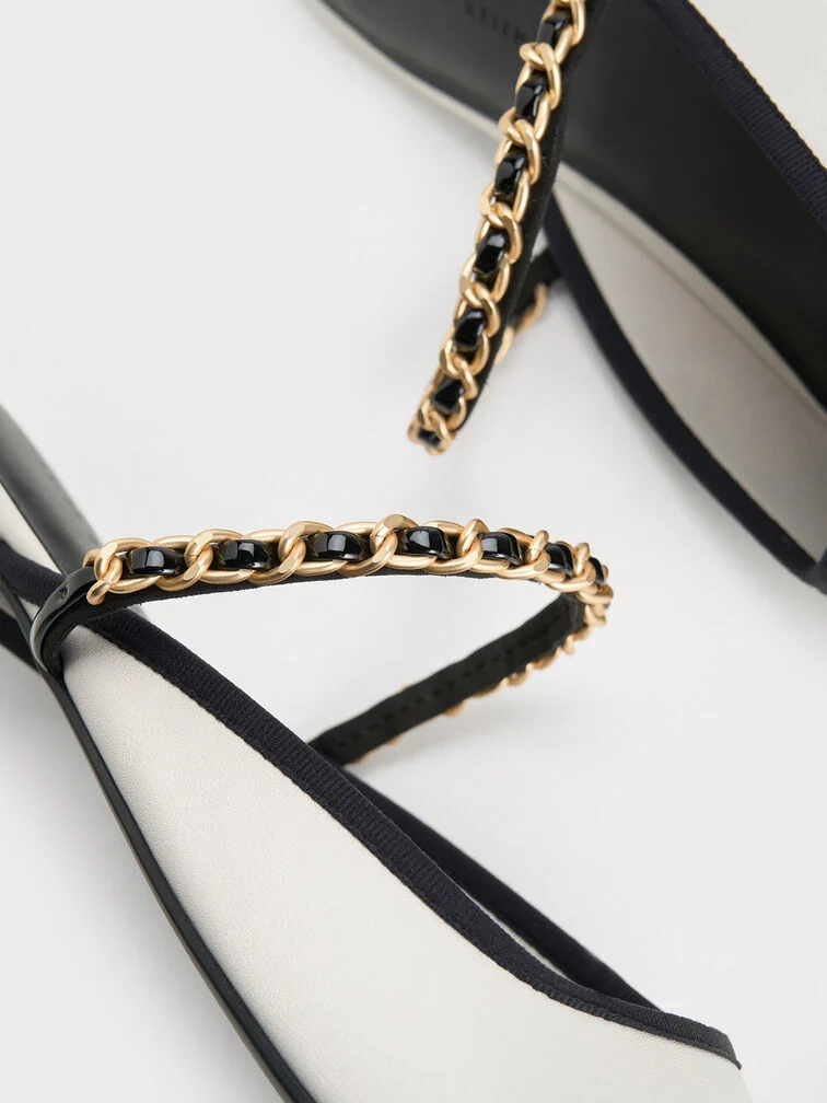 Patent Two-Tone Chain-Strap Mules Long