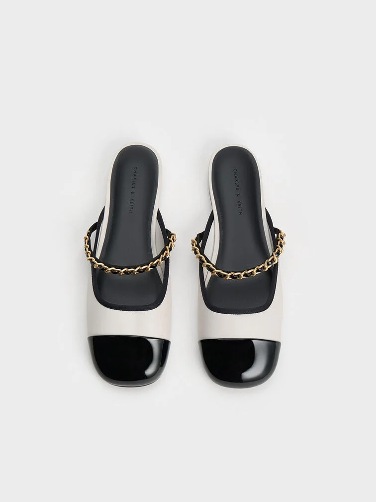 Patent Two-Tone Chain-Strap Mules Long
