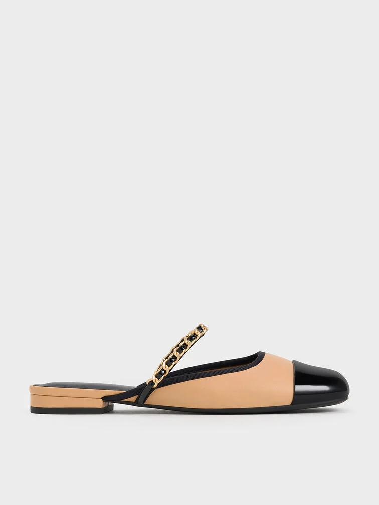 Patent Two-Tone Chain-Strap Mules Long