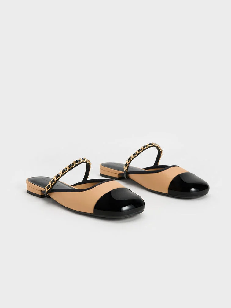 Patent Two-Tone Chain-Strap Mules Long