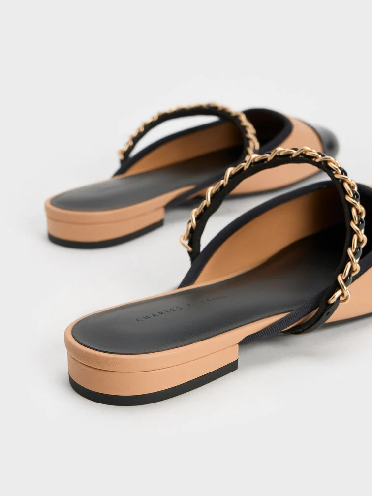 Patent Two-Tone Chain-Strap Mules Long