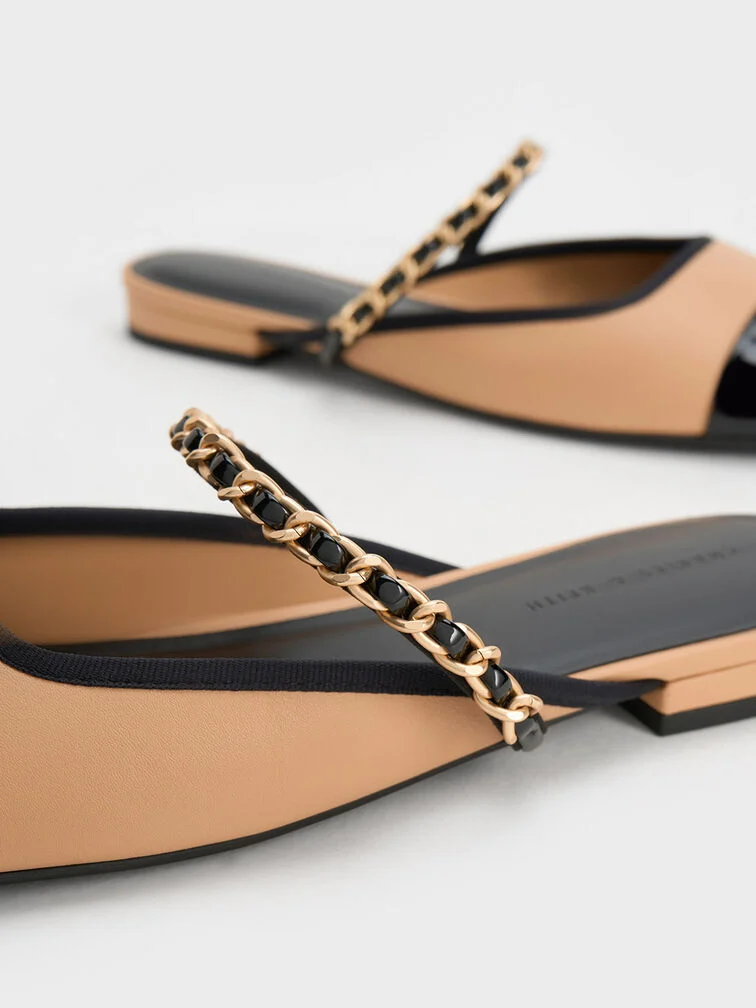 Patent Two-Tone Chain-Strap Mules Long