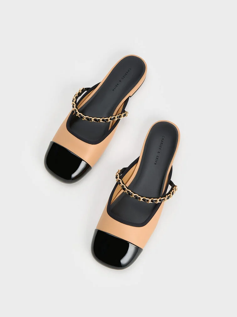 Patent Two-Tone Chain-Strap Mules Long