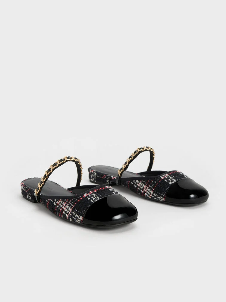Patent Two-Tone Chain-Strap Mules Long
