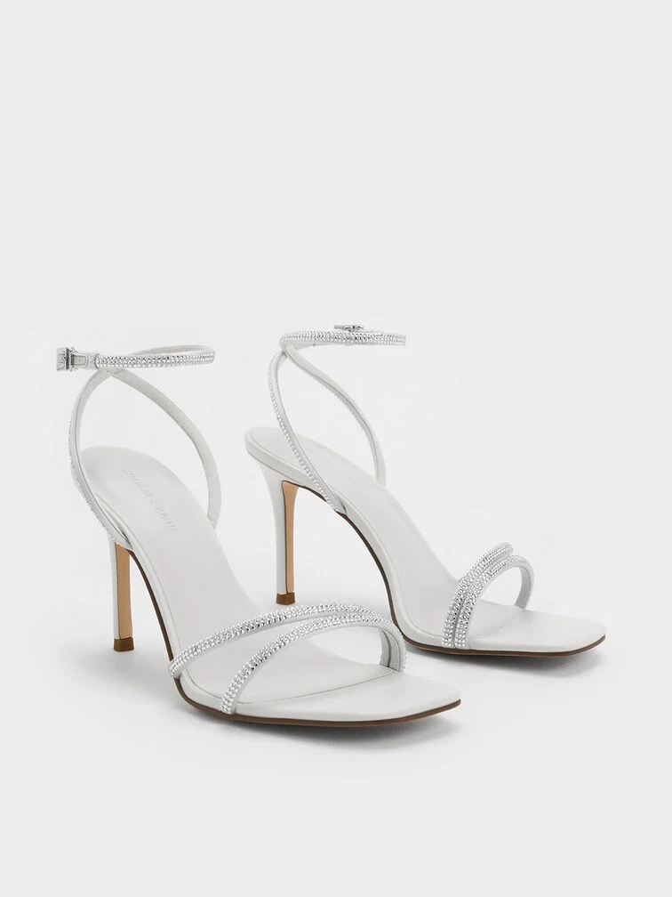 Satin Crystal-Embellished Asymmetric Heeled Sandals