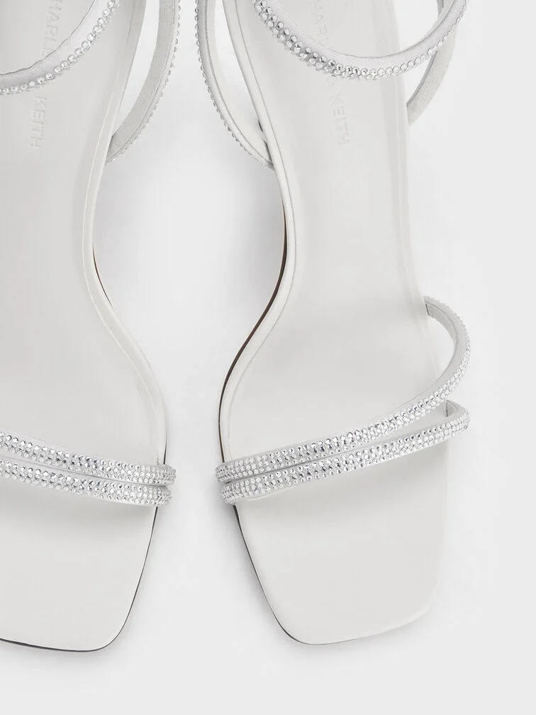 Satin Crystal-Embellished Asymmetric Heeled Sandals