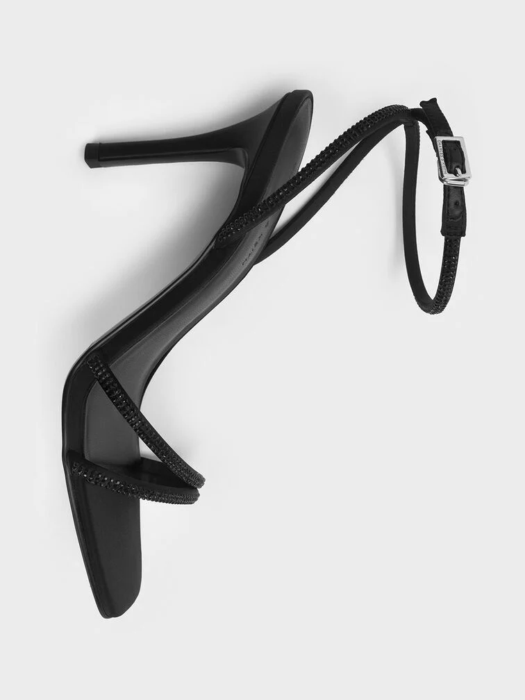 Satin Crystal-Embellished Asymmetric Heeled Sandals