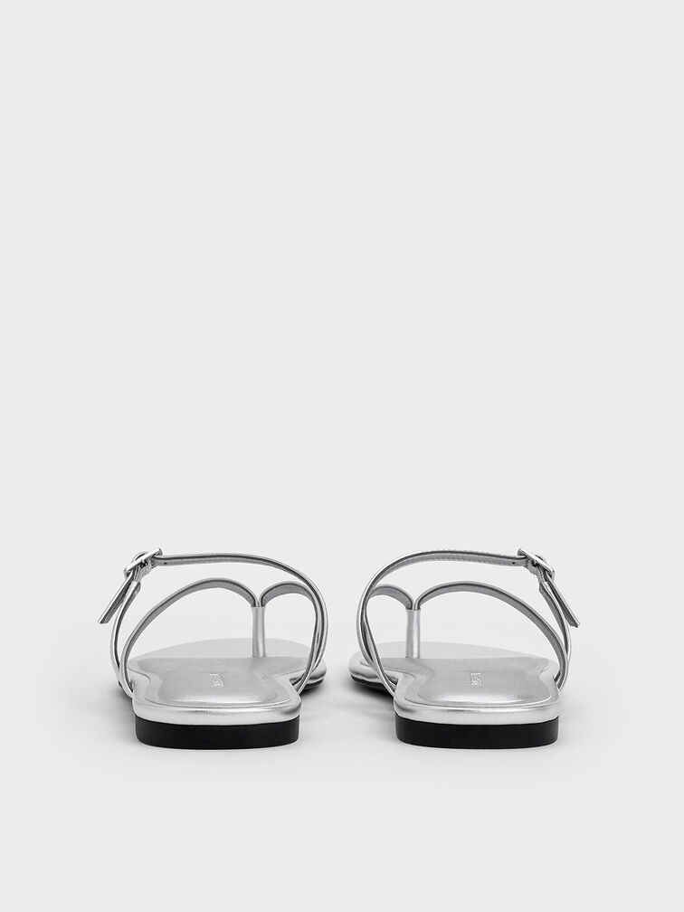 Metallic Crystal-Buckle Strappy Thong Sandals