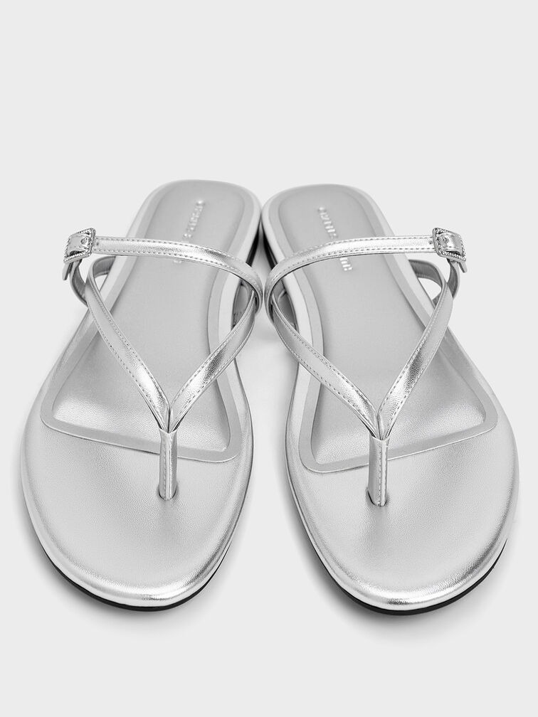 Metallic Crystal-Buckle Strappy Thong Sandals
