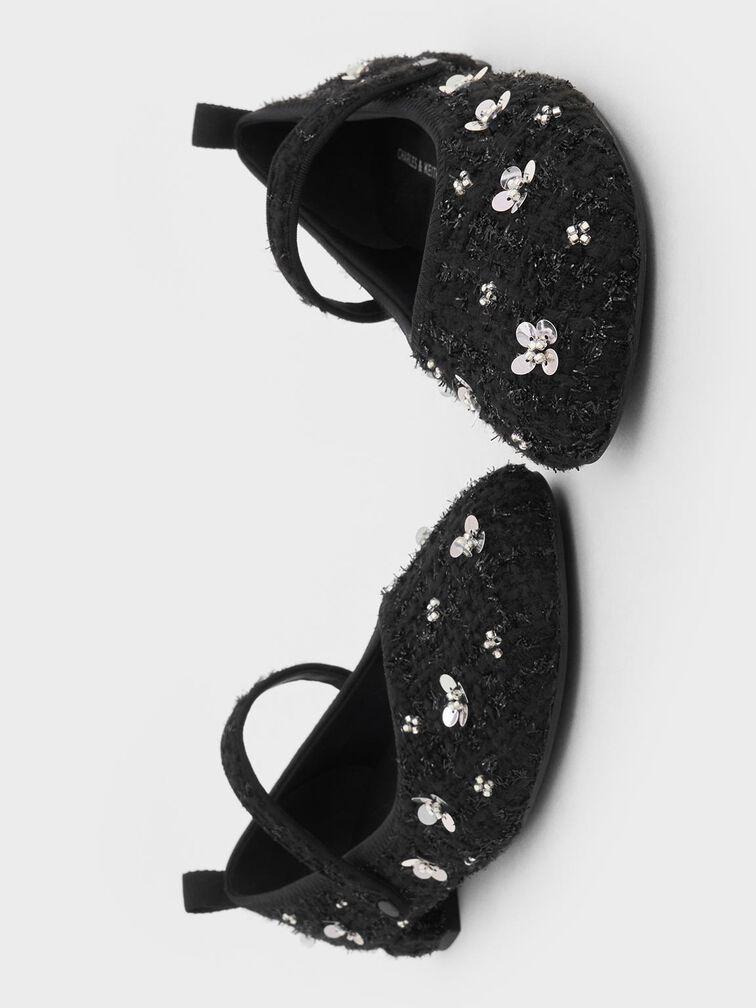 Tweed Flower-Embellished Mary Janes