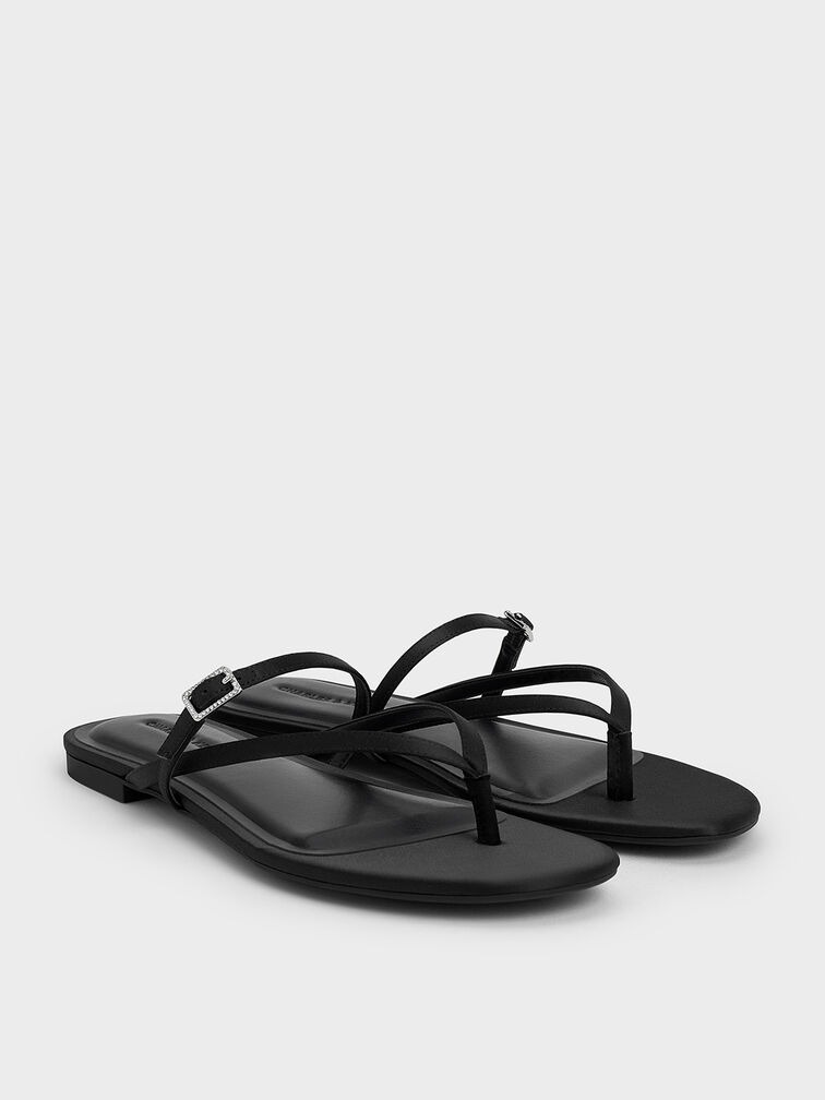 Metallic Crystal-Buckle Strappy Thong Sandals