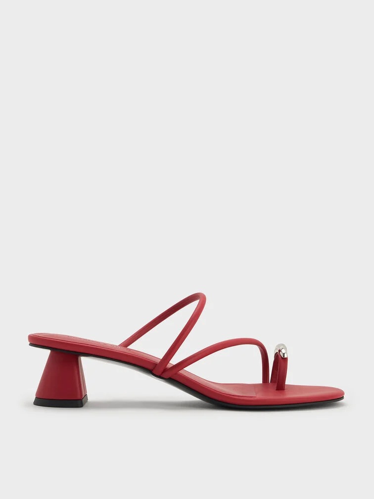 Metallic-Accent Strappy Toe-Ring Heeled Sandals