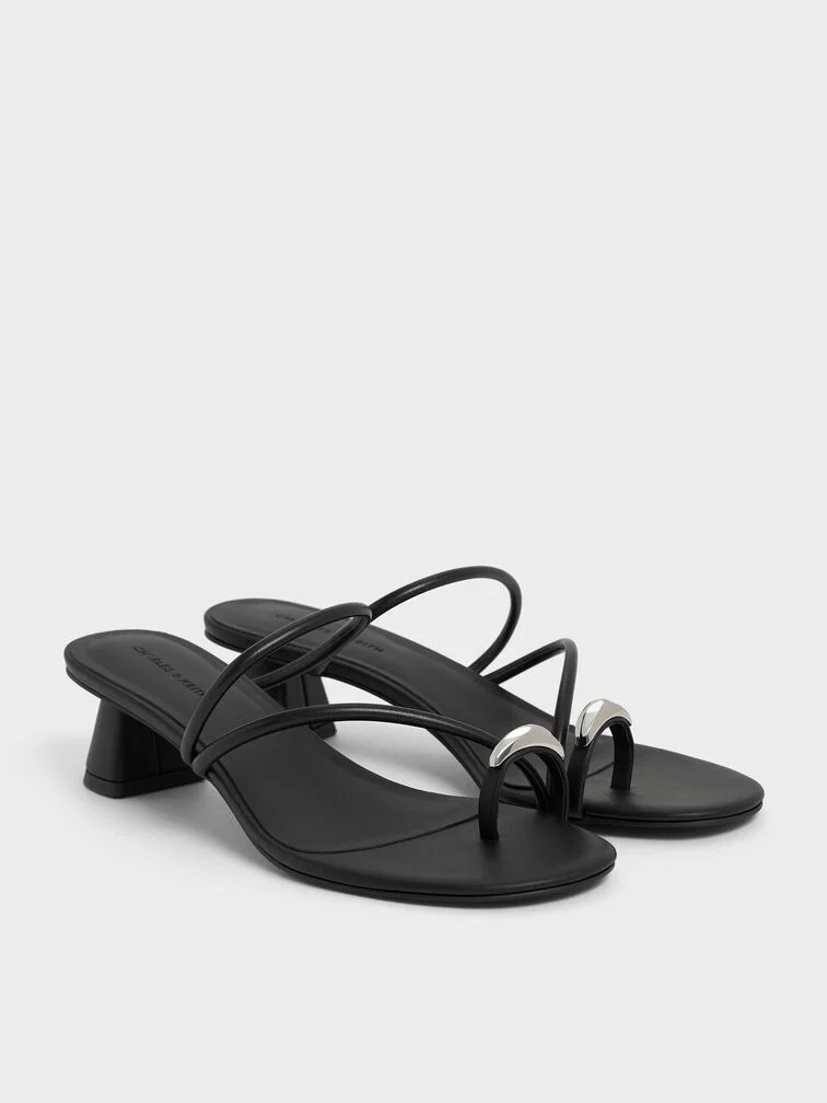 Metallic-Accent Strappy Toe-Ring High Heel Mules