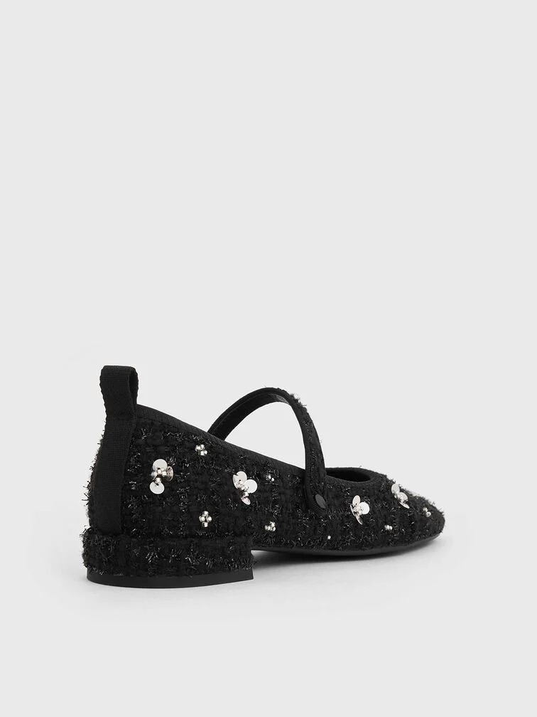 Tweed Flower-Embellished Mary Janes