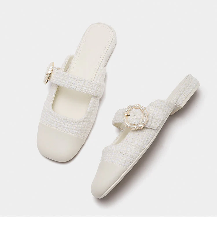 Tweed Pearl Buckle Mary Jane Mules