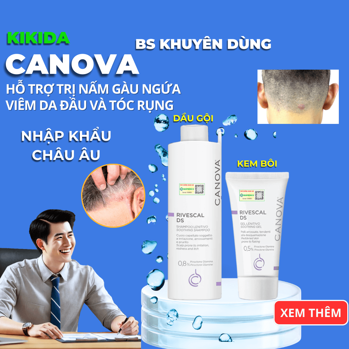 Dầu Gội Canova Rivescal DS 200ml – Giảm Viêm Da Đầu, Nấm Gàu, Mụn Đỏ, Viêm Da Tiết Bã, Làm Dịu Da Đầu, Kiểm Soát Nhờn Hiệu Quả