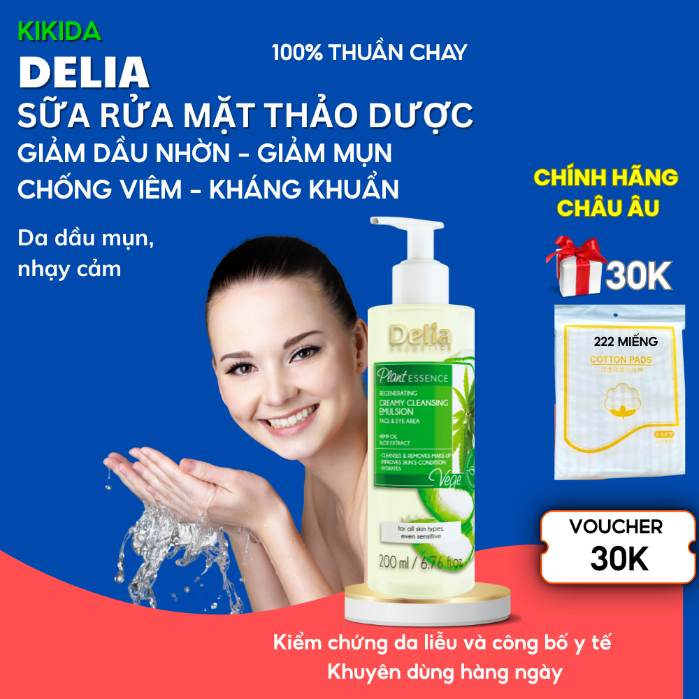 Sữa Rửa Mặt DELIA Chiết Xuất Lô Hội & Thảo Dược - Sạch Sâu, Dịu Nhẹ Cho Da Dầu Mụn, Nhạy Cảm, Khô