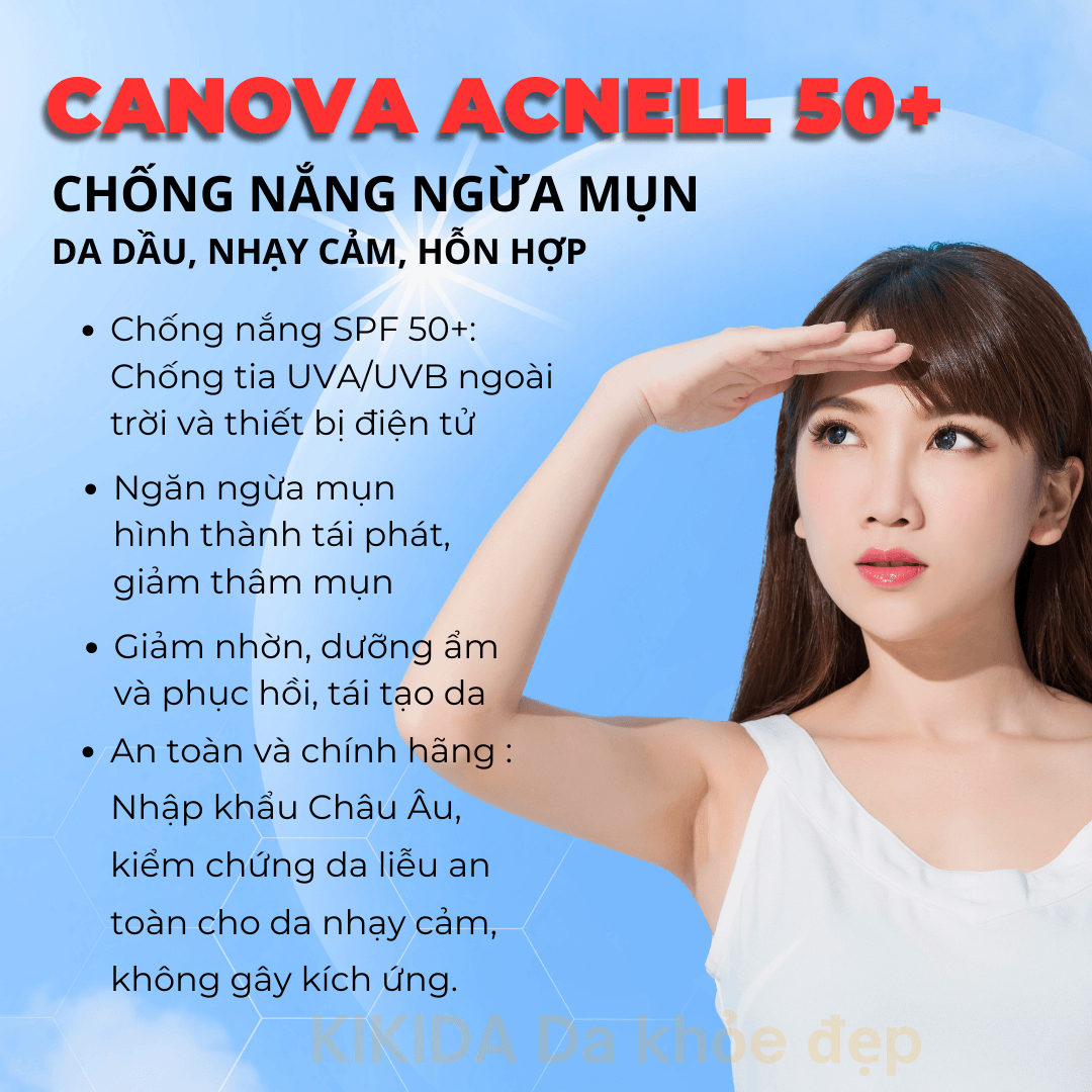 Kem Chống Nắng Ngừa Mụn CANOVA ACNELL SPF 50+ – Kiềm Dầu, Ngừa Mụn, Giảm Thâm, Không Nhờn Rít, Chính Hãng (50ml)