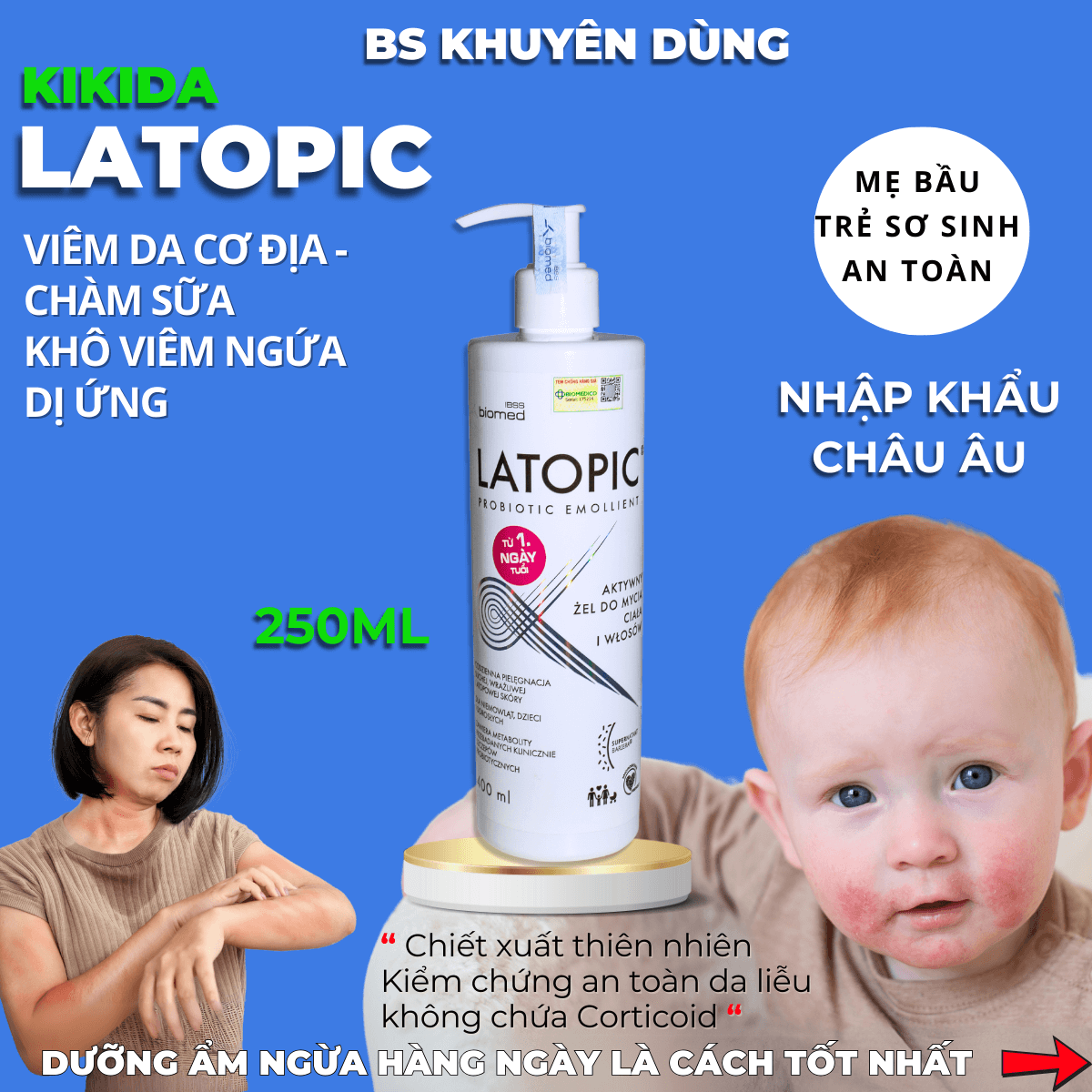 Nhũ tương bôi Latopic Probiotic Emollient Active Body Emulsion viêm da cơ địa chàm sữa, làm dịu da, giảm ngứa, giảm khô (250ml)