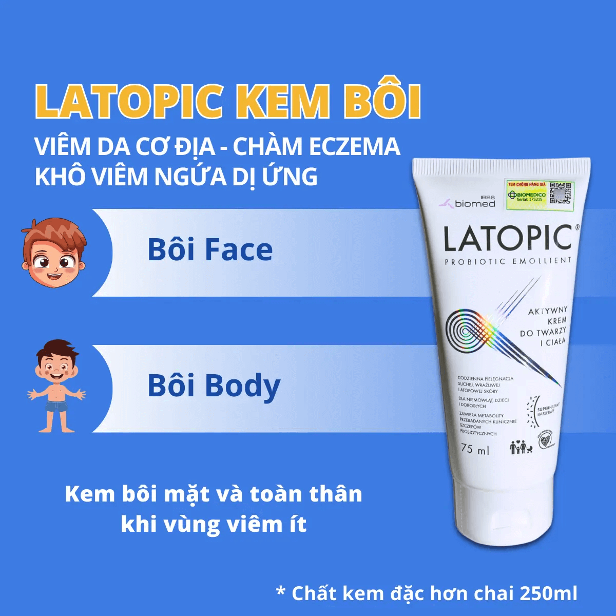 Nhũ tương bôi Latopic Probiotic Emollient Active Body Emulsion viêm da cơ địa chàm sữa, làm dịu da, giảm ngứa, giảm khô (250ml)
