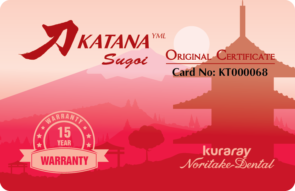 Thẻ bảo hành chính hãng Katana Zirconia Sugoi - xác nhận phôi răng thật từ Kuraray Noritake Nhật Bản