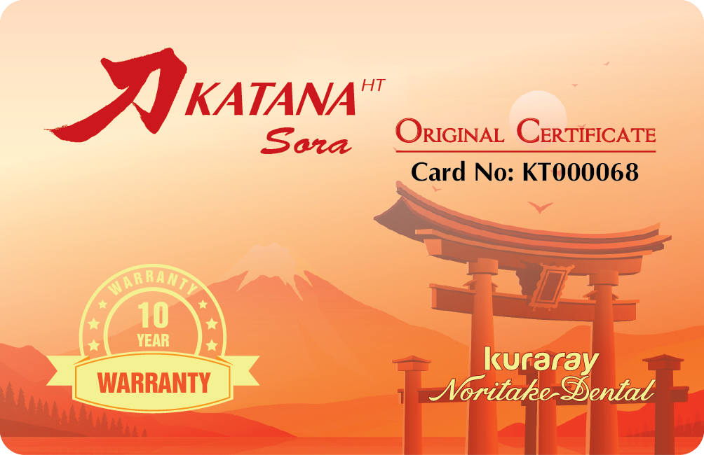 Thẻ bảo hành chính hãng Katana Zirconia Sora - xác nhận phôi răng thật từ Kuraray Noritake Nhật Bản