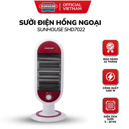 Đèn Sưởi Điện Hồng Ngoại 3 Bóng Sunhouse SHD7022 Công Suất Cao, Sưởi Làm Ấm Phòng Ngủ, Phòng Khách