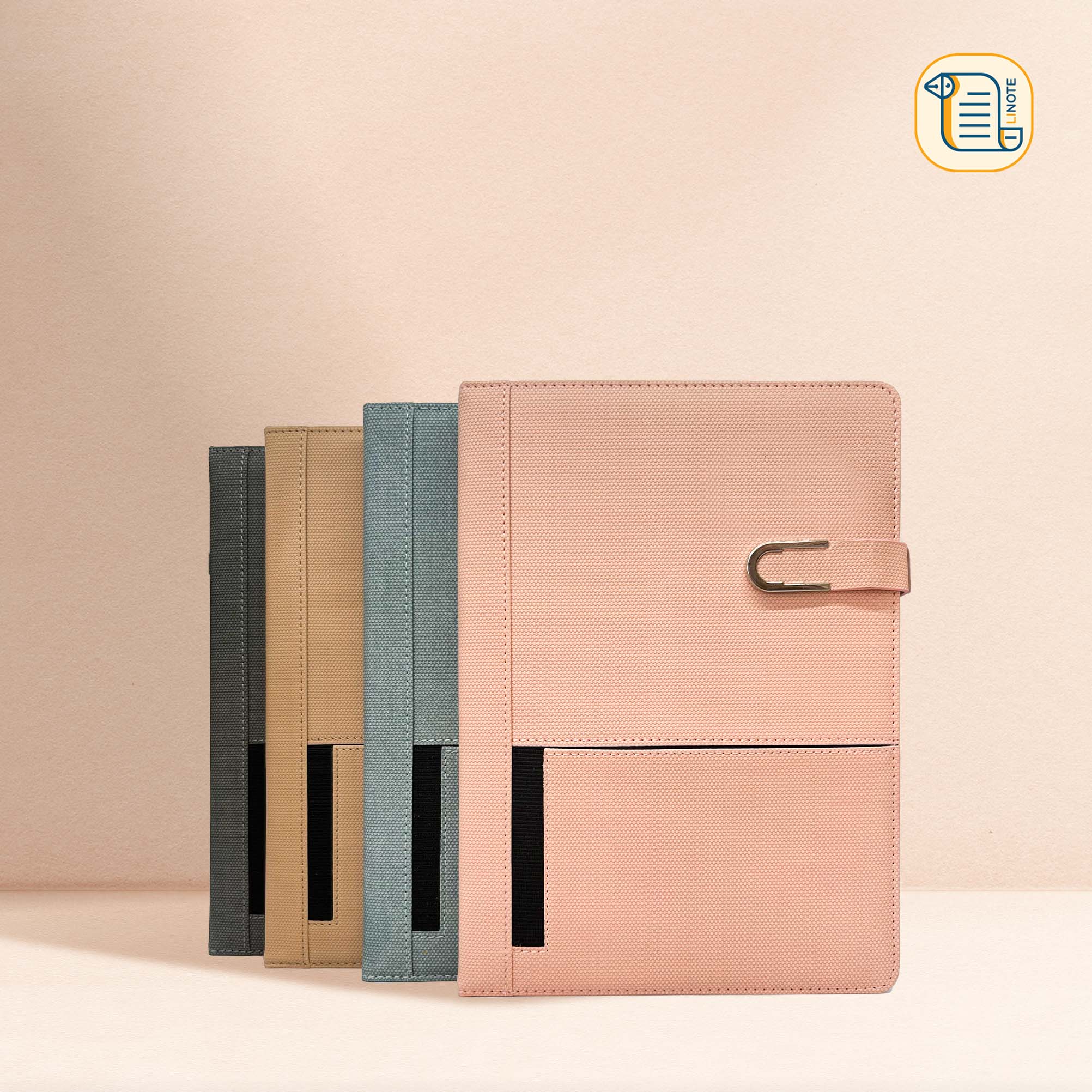 Sổ tay B5 kẻ ngang bìa da vân vải khuy từ nam châm 70gsm, 200 trang, cài bút, để thẻ