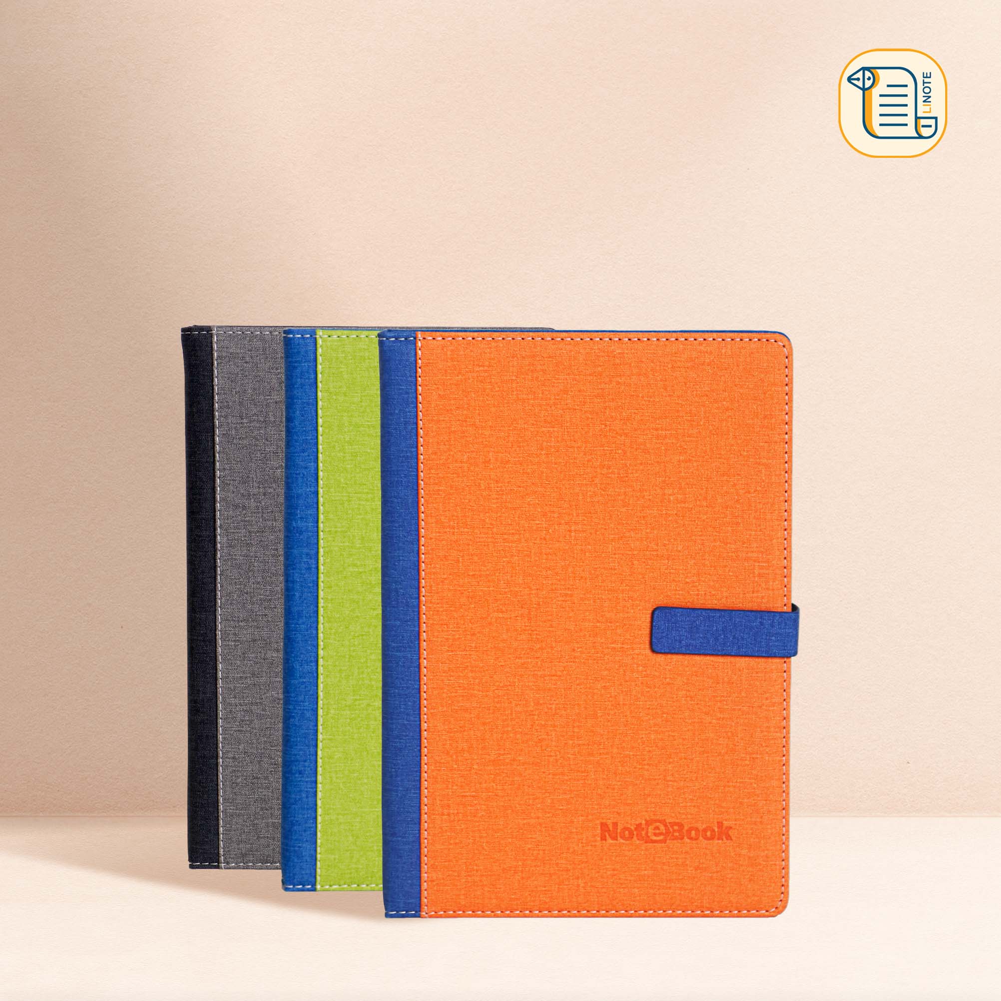 Sổ tay B5 kẻ ngang NOTEBOOK bìa da PU vân vải khuy từ 70gsm, 200 trang, cài bút