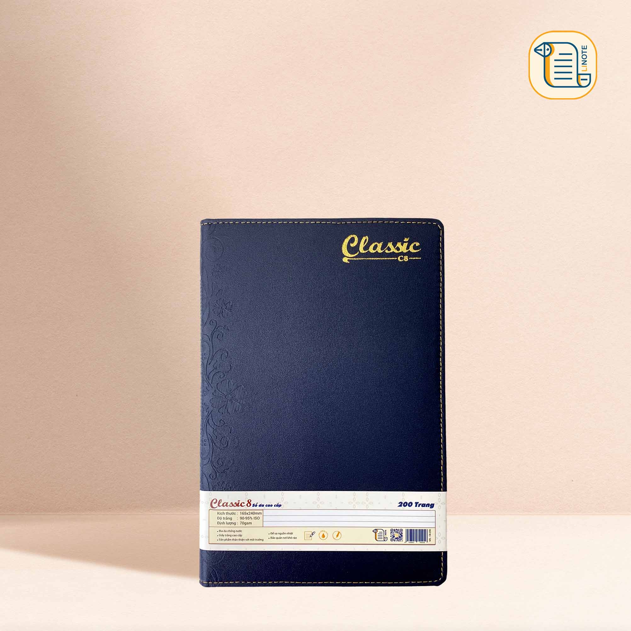 Sổ kẻ ngang Classic C8 bìa da gáy hoạ tiết chìm 70gsm, 200 trang
