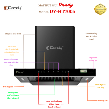 Máy hút khói khử mùi cao cấp DANDY DY HT7005 | Tặng Bếp từ đôi Dandy