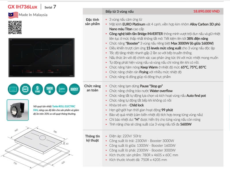 Bếp từ 3 vùng nấu GrandX GX IH736Lux