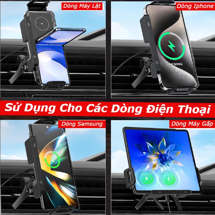 Kẹp Điện Thoại Ô Tô Cao Cấp 2025, Tích Hợp Sạc Nhanh Không Dây 15W