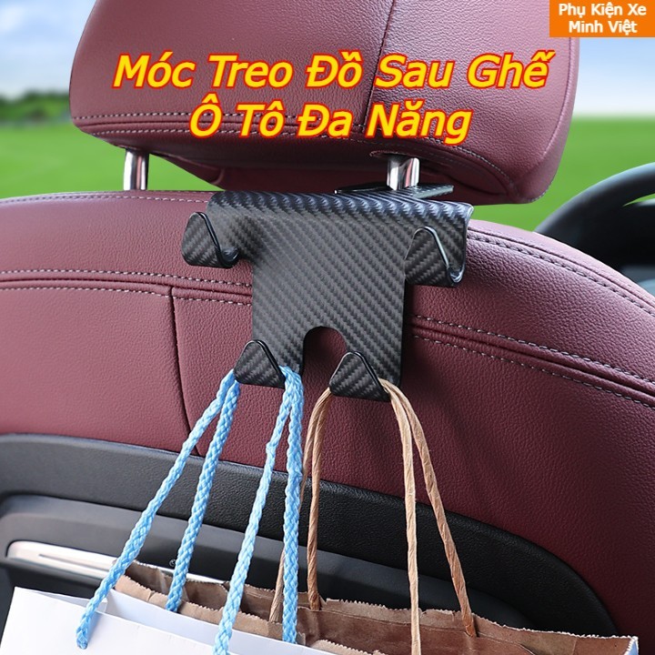Móc treo đồ ô tô kiêm giá đỡ điện thoại – Bộ 4 móc vân carbon đa năng
