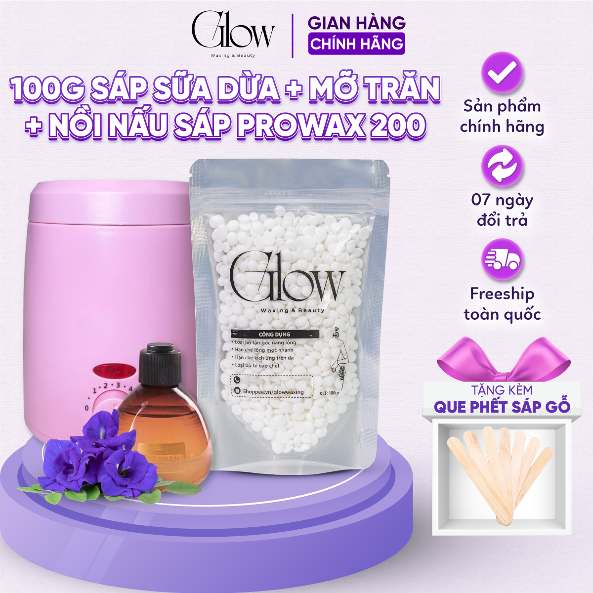 Combo 100gr Sáp Wax Lông Sữa Dừa  Siêu Bám Lông + Mỡ Trăn N'store + Nồi Nấu Sáp ProWax 200 Chống Dính Mini GLOW WAXING - 1013
