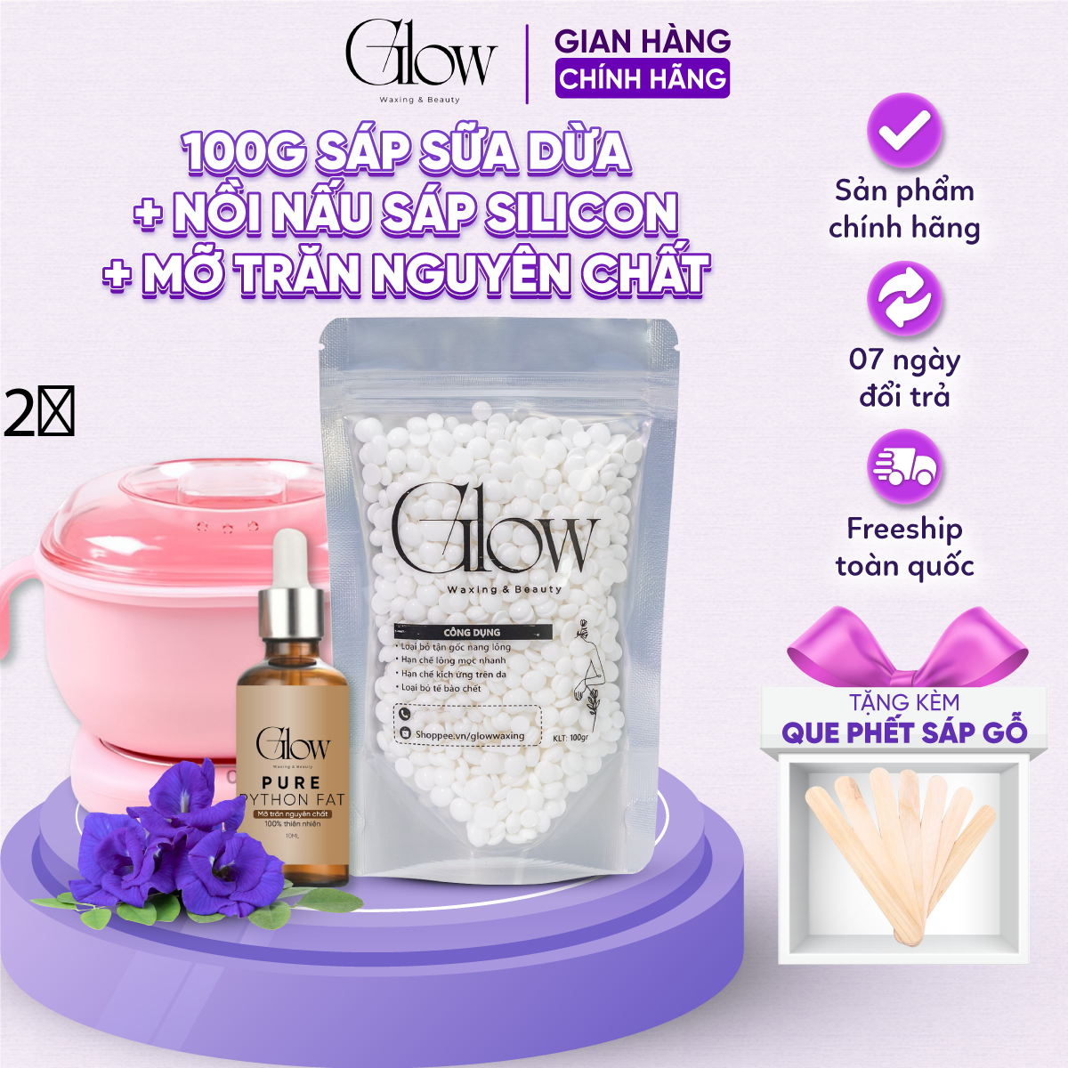 Combo Nồi Nấu Sáp Silicon Điện Gấp Gọn + 100Gr Sáp Dừa Cao Cấp GLOWWAXING + Mỡ Trăn Nguyên Chất 10ml Tặng Que Phết CHE TÊN - 1092