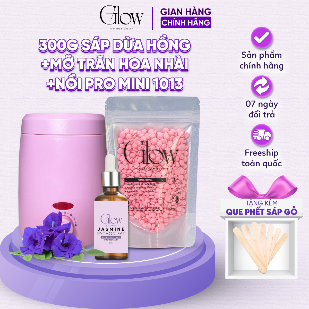 Combo 300gr Sáp Dừa Hồng Cao Cấp, Cho Da Nhạy Cảm, Siêu Bám Lông + Nồi Nấu Sáp ProWax200 Chống Dính Mini GLOW WAXING + Mỡ Trăn Hoa Nhài 10ml Tặng Que CHE TÊN - 1013