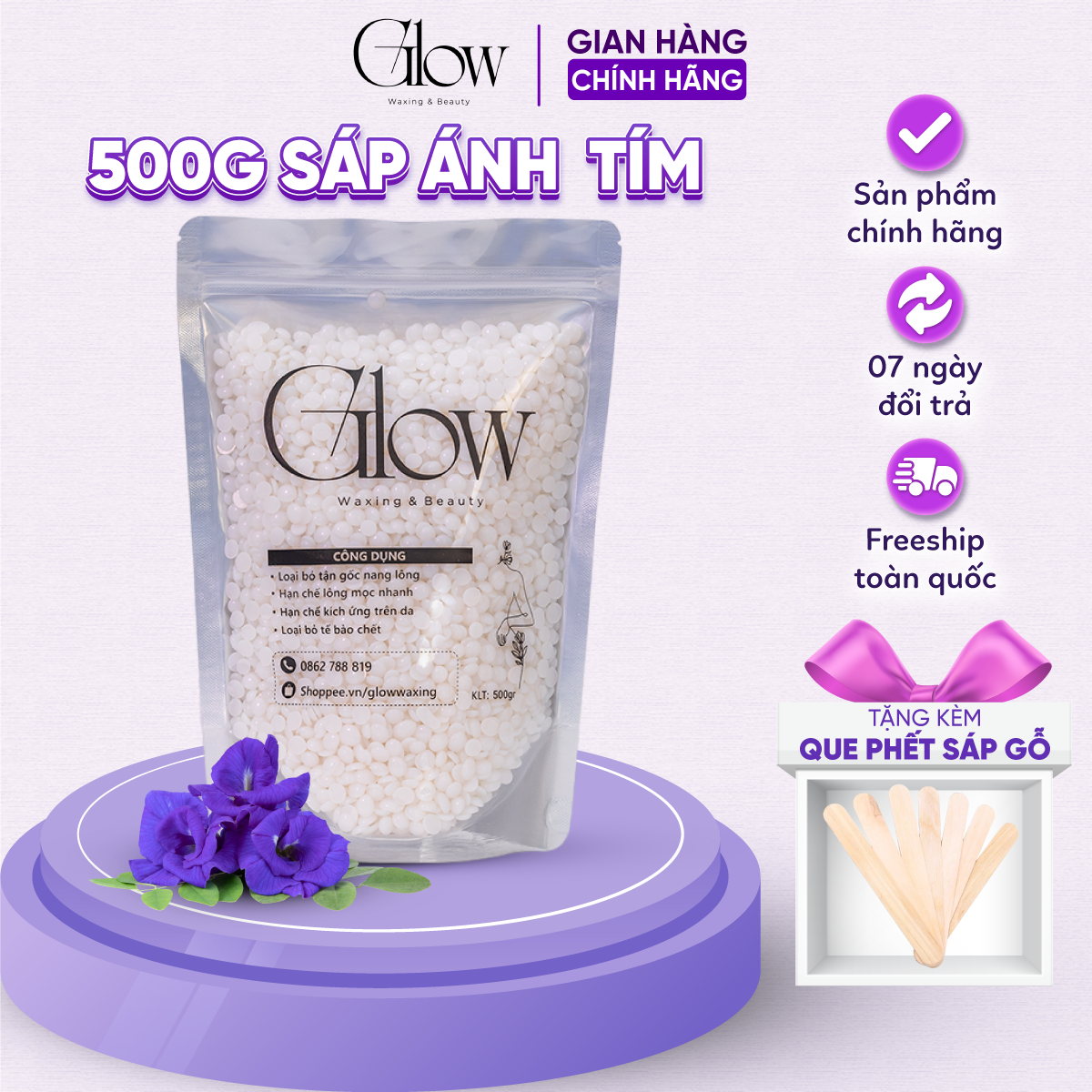 Sáp Wax Lông Nhũ Ánh Tím GLOWWAXING Cao Cấp, Siêu Bám Lông Chuyên Wax Bikini, Nách Bám Lông Tốt Tặng Que Gỗ Phết Sáp