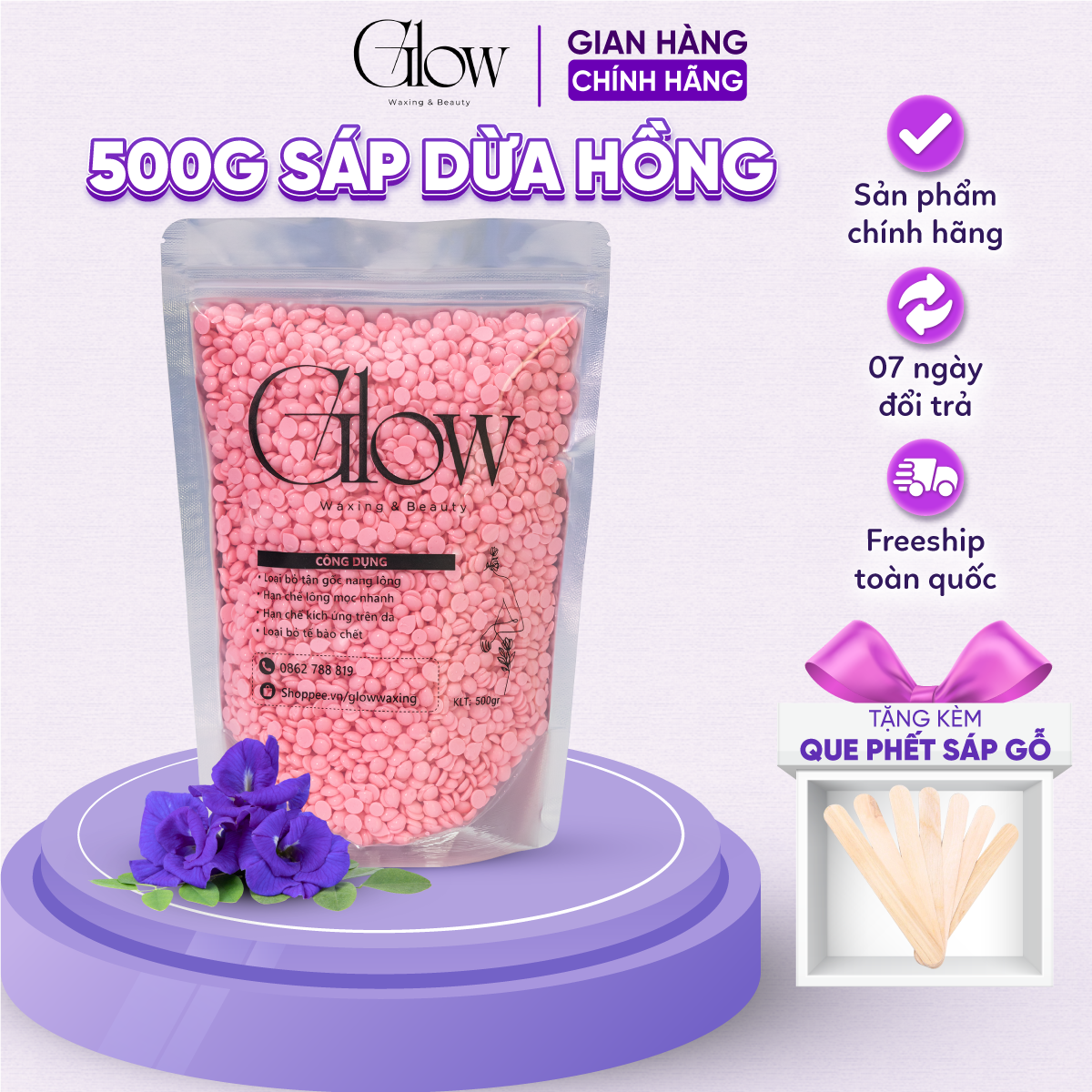 Sáp Wax Lông Dừa Hồng Premier GLOW WAXING Cao Cấp, Siêu Bám Lông Dùng Wax Body, Tay Chân Tặng Kèm Que Phết