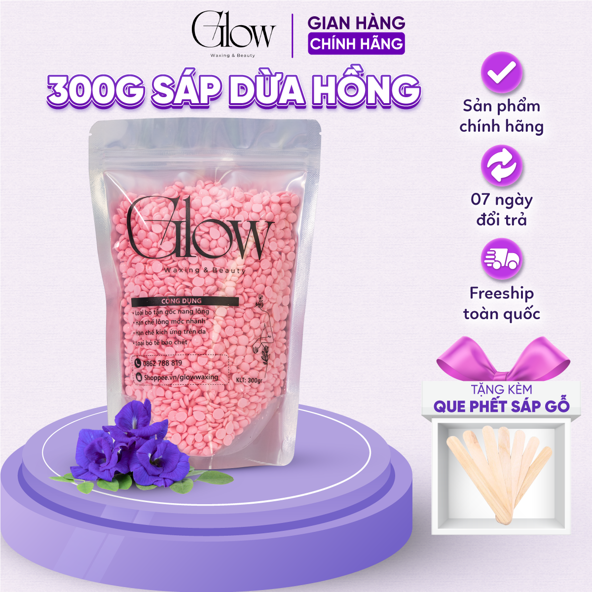 Sáp Wax Lông Dừa Hồng Premier GLOW WAXING Cao Cấp, Siêu Bám Lông Dùng Wax Body, Tay Chân Tặng Kèm Que Phết