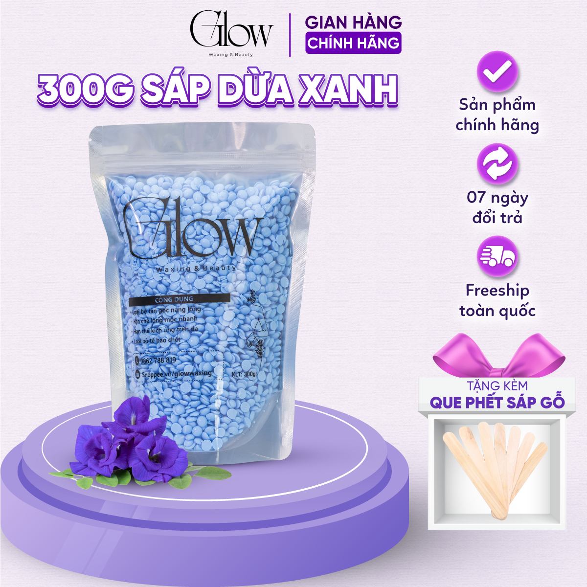 Sáp Wax Lông Sữa Dừa Màu Xanh GLOW WAXING Cao Cấp Bám Lông Tốt Chuyên Dùng Wax Nách, Bikini Tặng Que CHE TÊN SẢN PHẨM