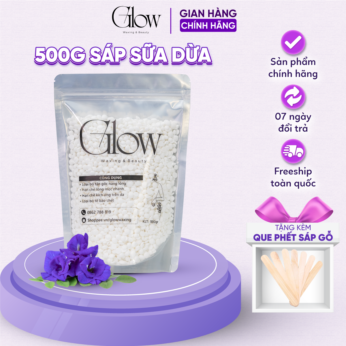 Sáp Wax Lông Sữa Dừa Premier GLOW WAXING Hàng Cao Cấp Siêu Bám Lông Chuyên Wax Bikini, Nách, Body Tặng Que Gỗ