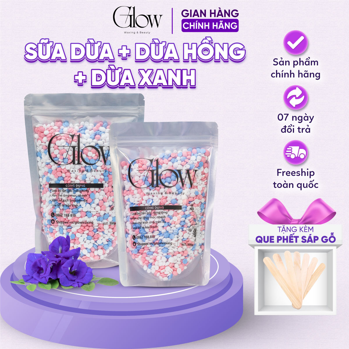 Sáp Wax Lông Nóng Galaxy Premium Mix 3 Màu Siêu Bám Lông GLOWWAXING Dùng Cho Mọi Loại Da Tặng Que Gỗ Phết Sáp