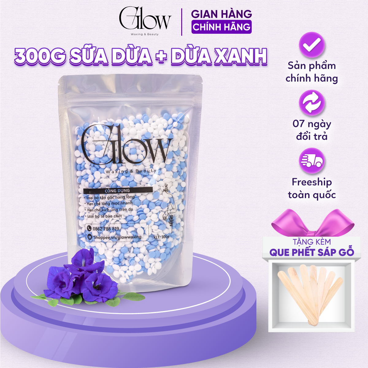 Sáp Wax Lông Sữa Dừa Mix Dừa Xanh Premium GLOW WAXING Mùi Thơm Nhẹ Siêu Bám Lông Siêu Sạch Tặng Que Gỗ