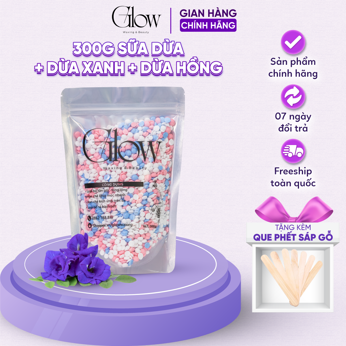 Sáp Wax Lông Nóng Galaxy Premium Mix 3 Màu Siêu Bám Lông GLOWWAXING Dùng Cho Mọi Loại Da Tặng Que Gỗ Phết Sáp