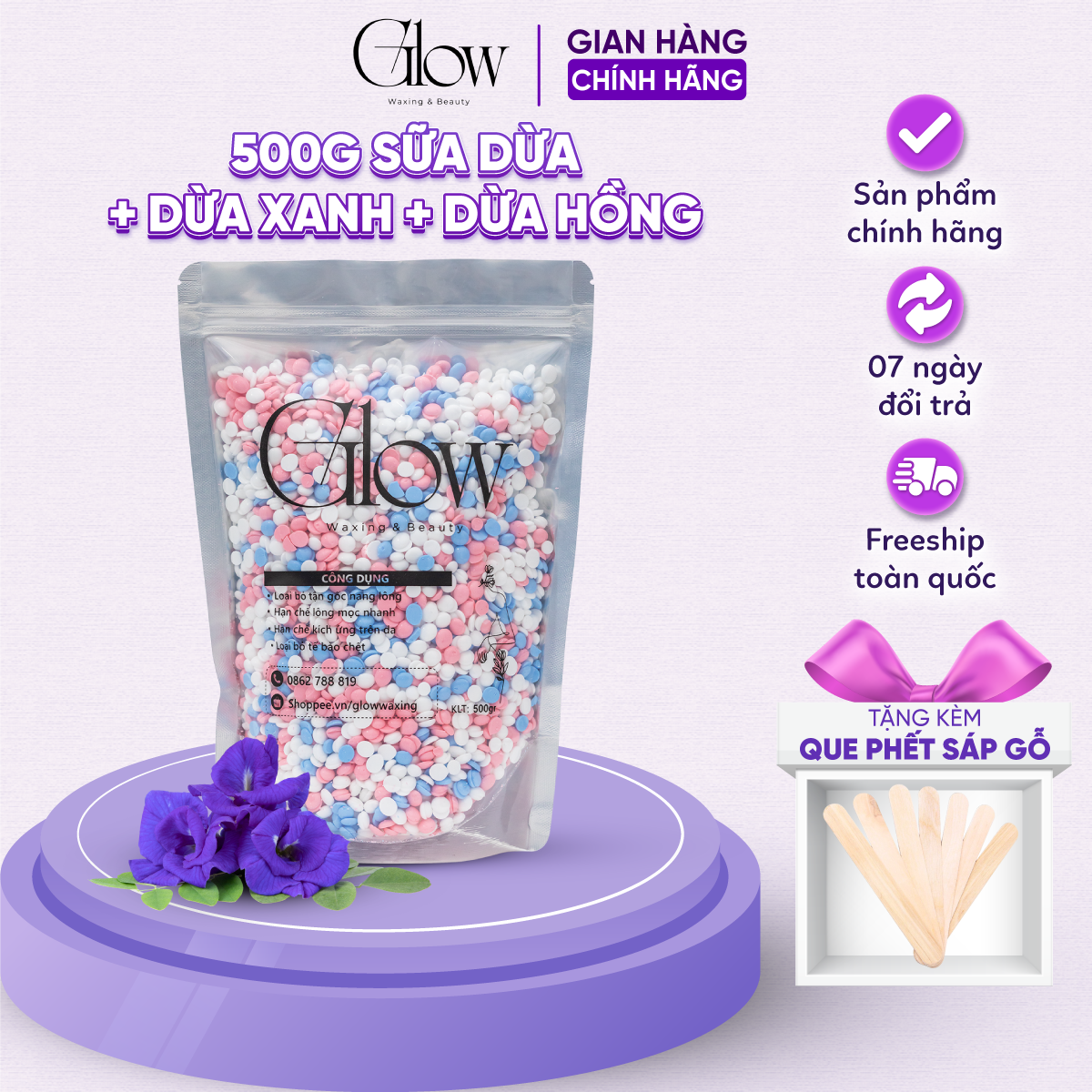 Sáp Wax Lông Nóng Galaxy Premium Mix 3 Màu Siêu Bám Lông GLOWWAXING Dùng Cho Mọi Loại Da Tặng Que Gỗ Phết Sáp