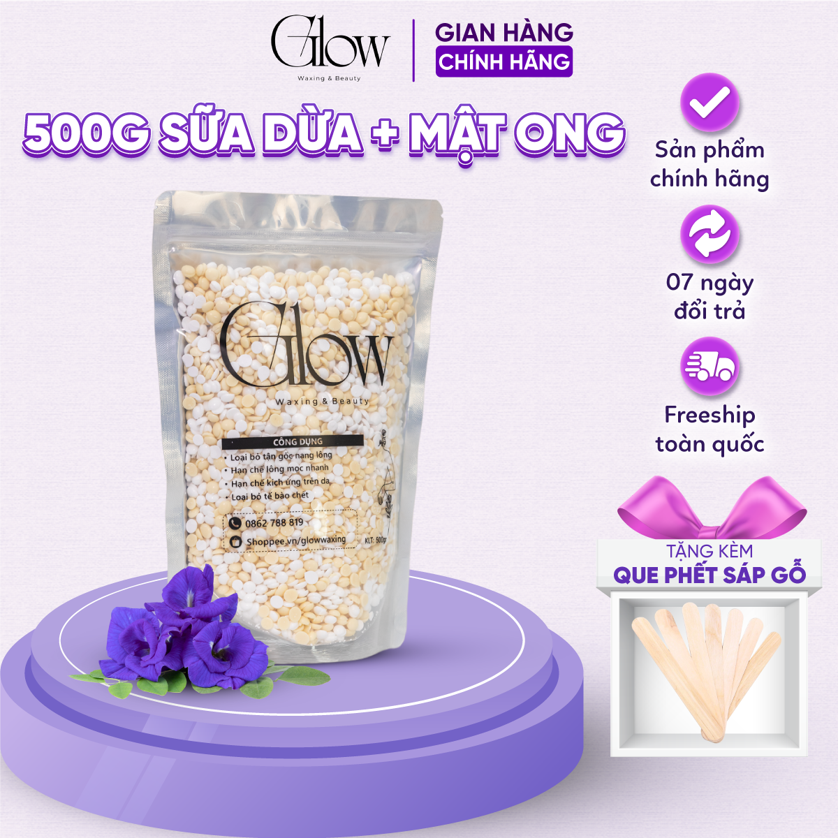 Sáp Wax Lông Nóng Sữa Dừa Mix Mật Ong GLOWWAXING Dùng Cho Mọi Loại Da, Bám Lông Tốt Thơm Nhẹ CHE TÊN SẢN PHẨM