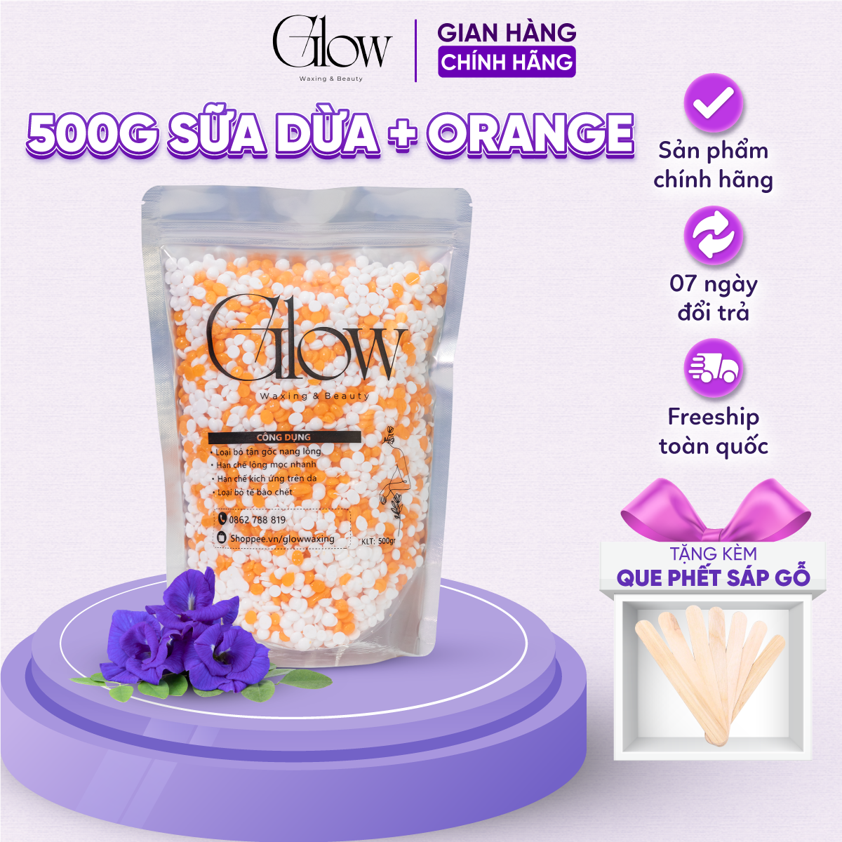 Sáp Wax Lông Nóng Sữa Dừa Orange Cao Cấp GLOW WAXING Siêu Bám Lông Thân Thiện Với Làn Da Tặng Que Gỗ CHE TÊN SẢN PHẨM