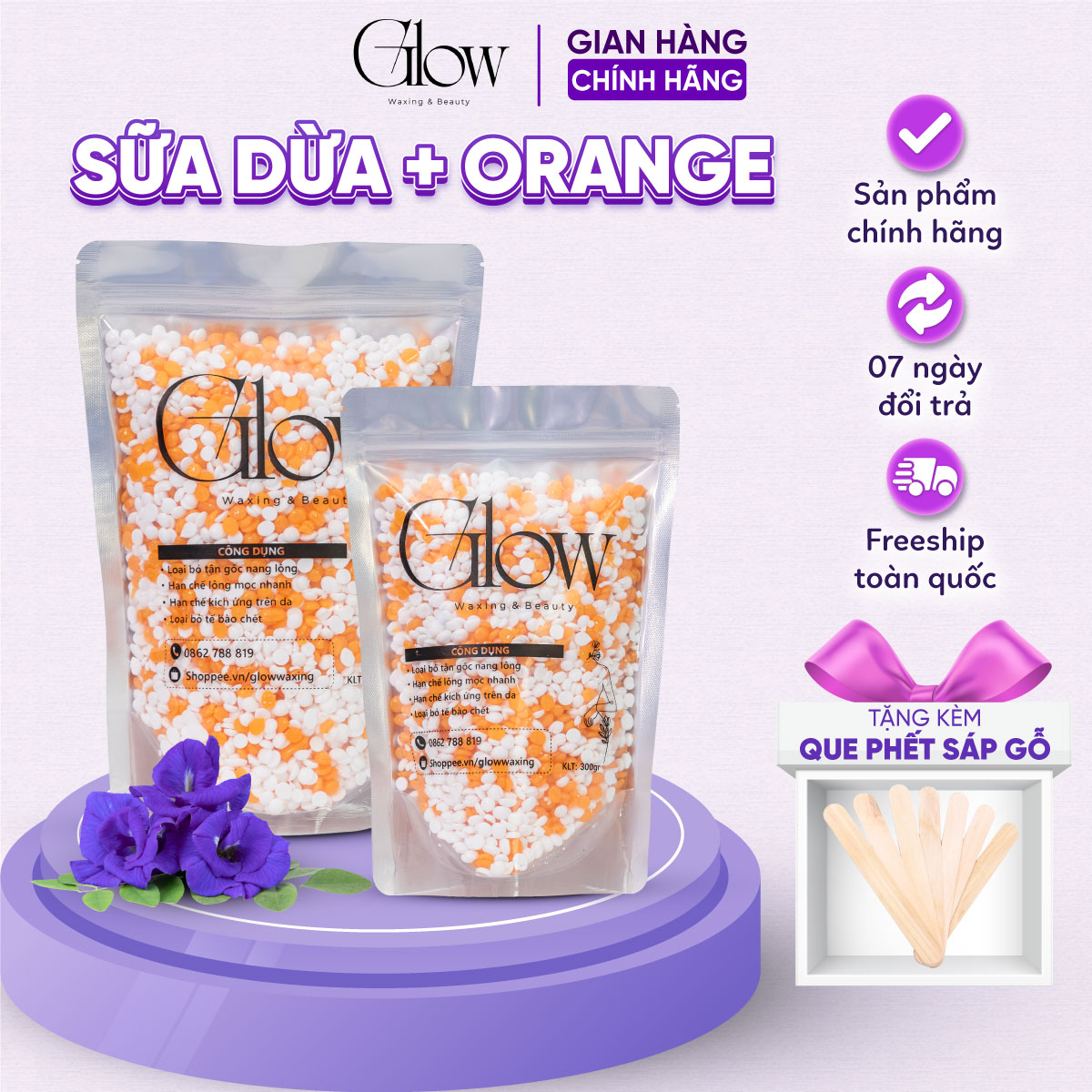Sáp Wax Lông Nóng Sữa Dừa Orange Cao Cấp GLOW WAXING Siêu Bám Lông Thân Thiện Với Làn Da Tặng Que Gỗ CHE TÊN SẢN PHẨM