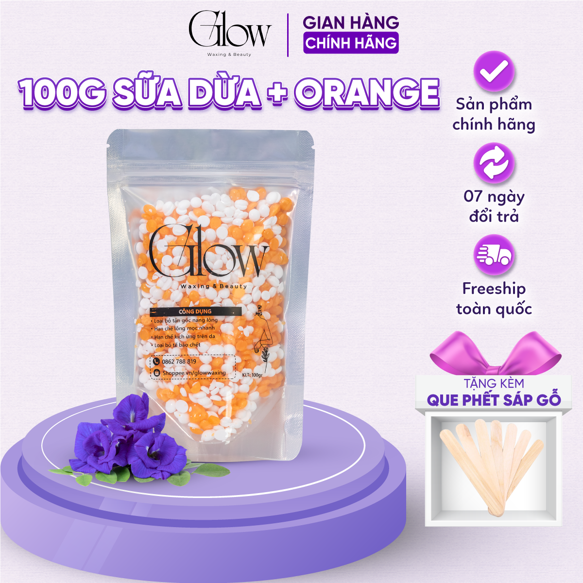 Sáp Wax Lông Nóng Sữa Dừa Orange Cao Cấp GLOW WAXING Siêu Bám Lông Thân Thiện Với Làn Da Tặng Que Gỗ CHE TÊN SẢN PHẨM